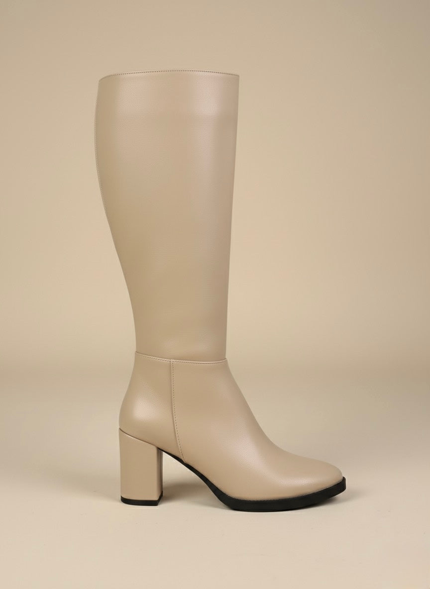 Bej Klasik Blok Topuk Uzun Bot